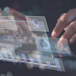 Data scientists, Business man touching on digital tablet computer analyzing business report, financial graph on futuristic virtual interface screen. Algorithm. marketing and  business intelligence, modern technology concept
