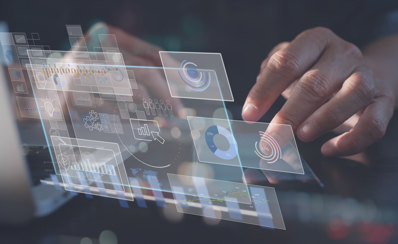 Data scientists, Business man touching on digital tablet computer analyzing business report, financial graph on futuristic virtual interface screen. Algorithm. marketing and  business intelligence, modern technology concept